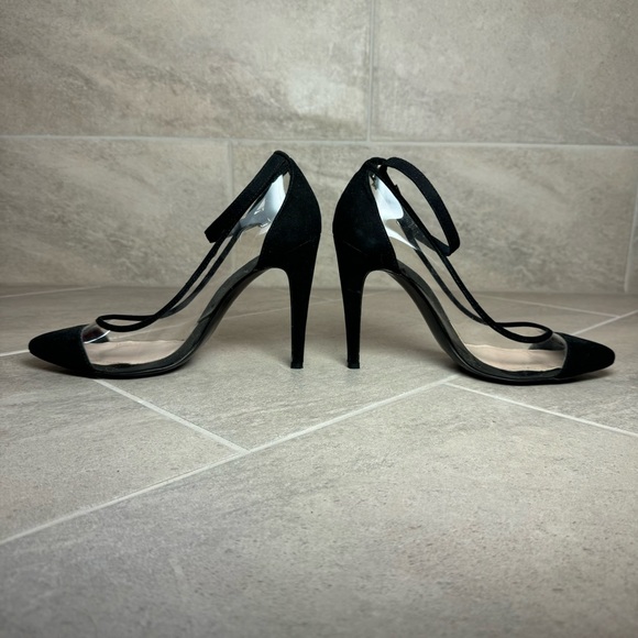 BCBG Cynthia Heel Transparent Clear Black Suede Strap Pointed Toe Pumps 10 - Picture 5 of 10